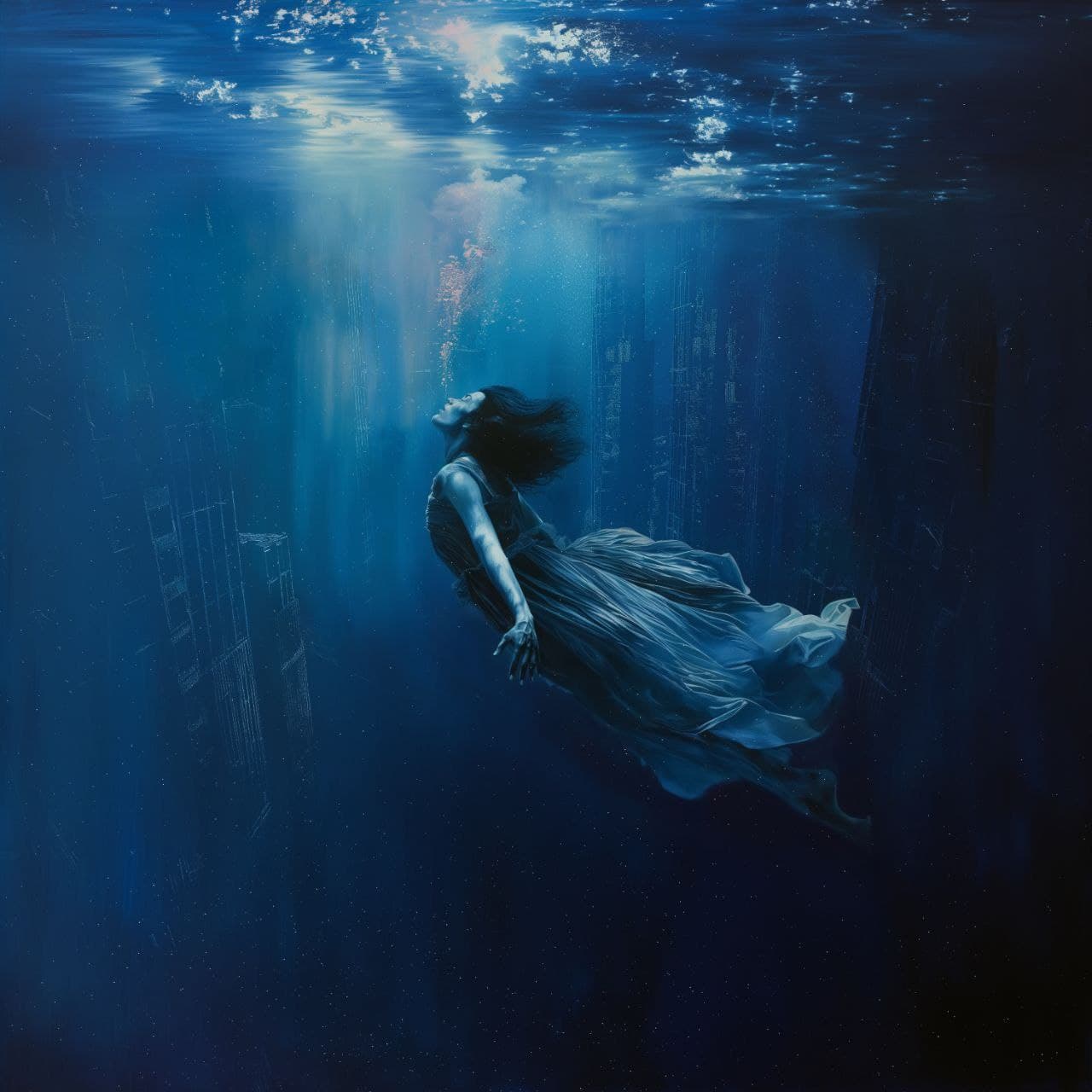 a painting of a woman under the water