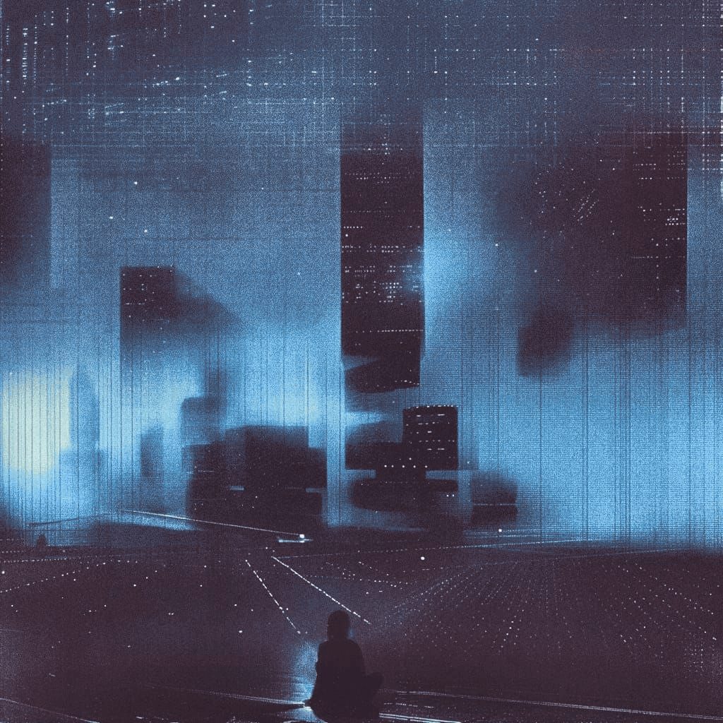 an image of a man sitting on the ground in front of a city